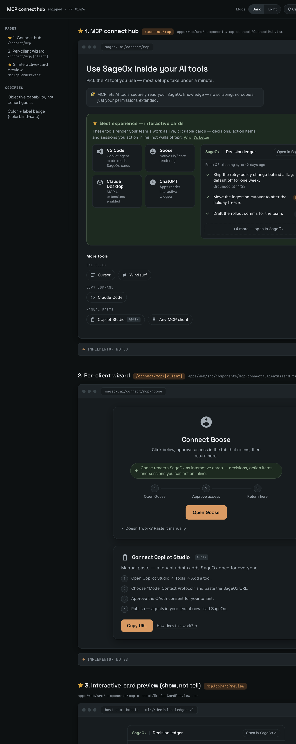 MCP connect hub — Best-experience row of card-capable client tiles beside a live Decision Ledger card preview, then effort-grouped tiles below.