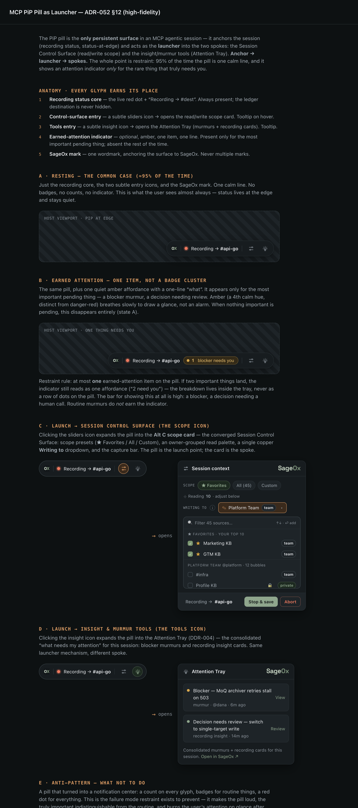 PiP pill launcher — a persistent recording pill that expands to the control surface, tool list, and attention items.
