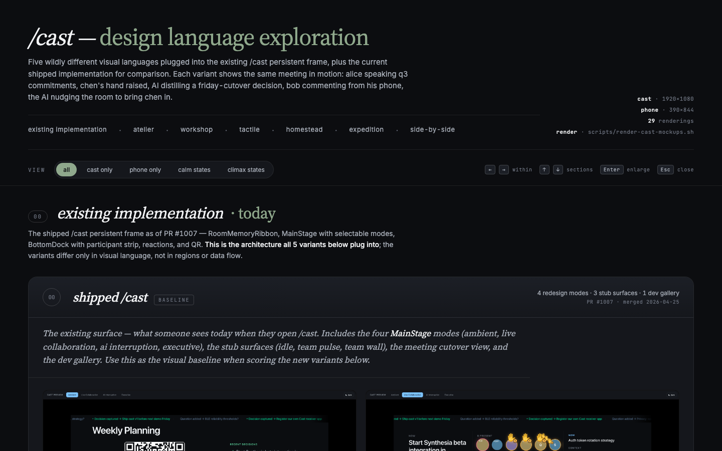 TV Cast v1 — gallery of five design-language variants.