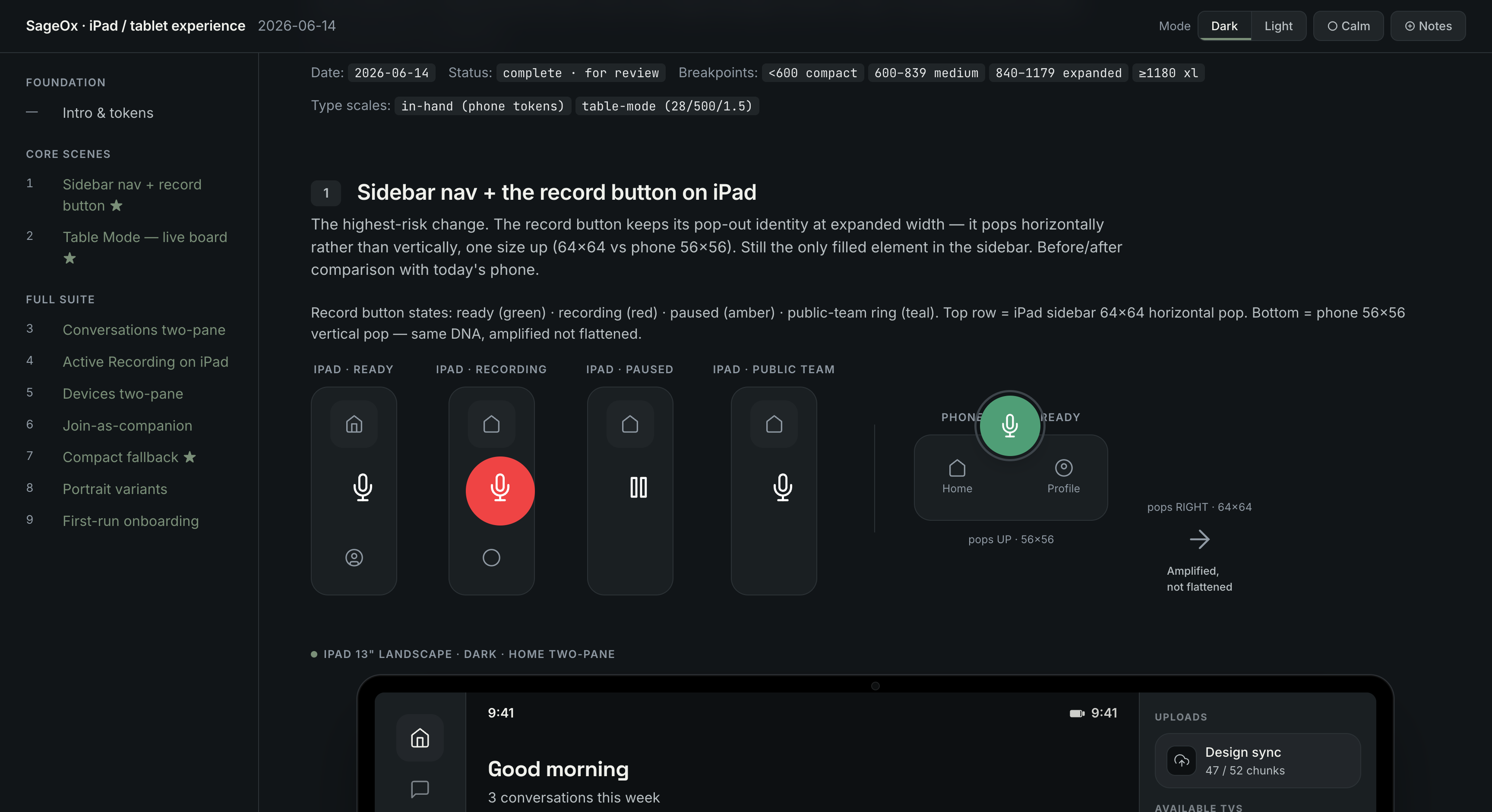 iPad / tablet experience — sidebar nav with the rotated pop-out record button, a Home two-pane with a standing now-rail, and Table Mode: a large live-transcript board for the table.