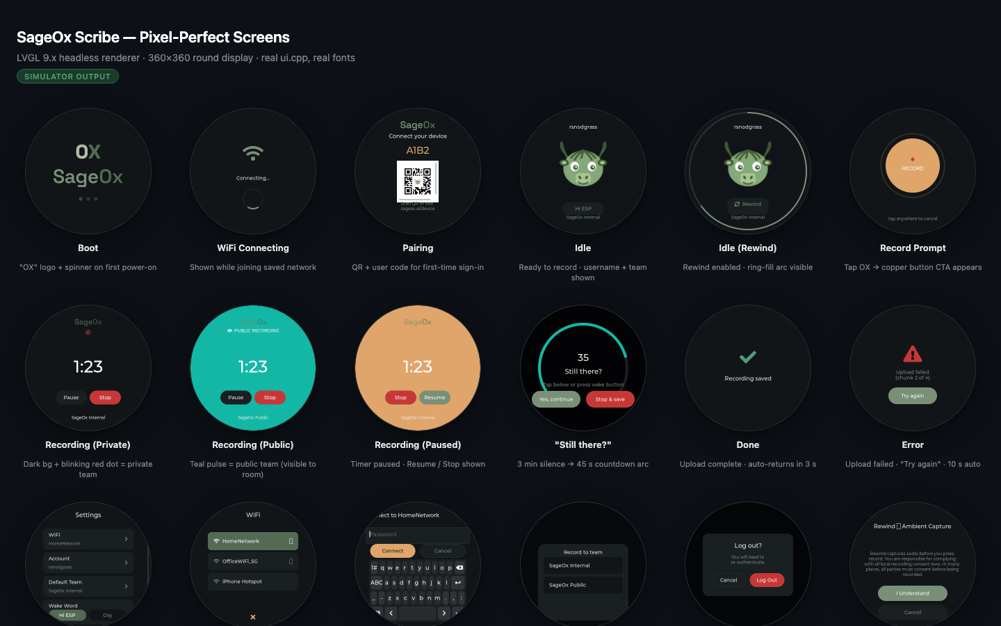 Ox Dot v1 — baseline pixel-perfect renders of the device UI.
