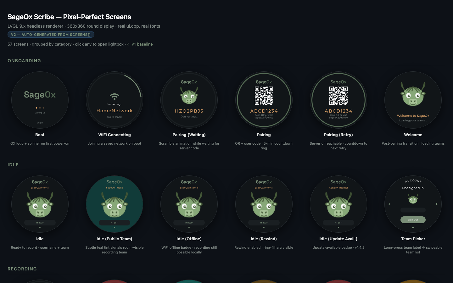 Ox Dot v2 — design-system pass on the device UI, all 19 screens.