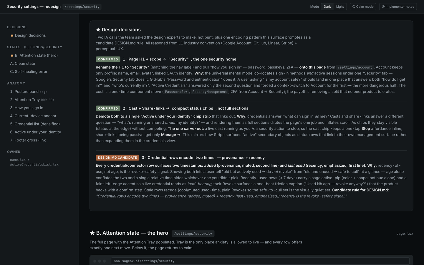 Security settings redesign — posture band with sign-in sparkline, Attention Tray, and dual-timestamp credential rows.