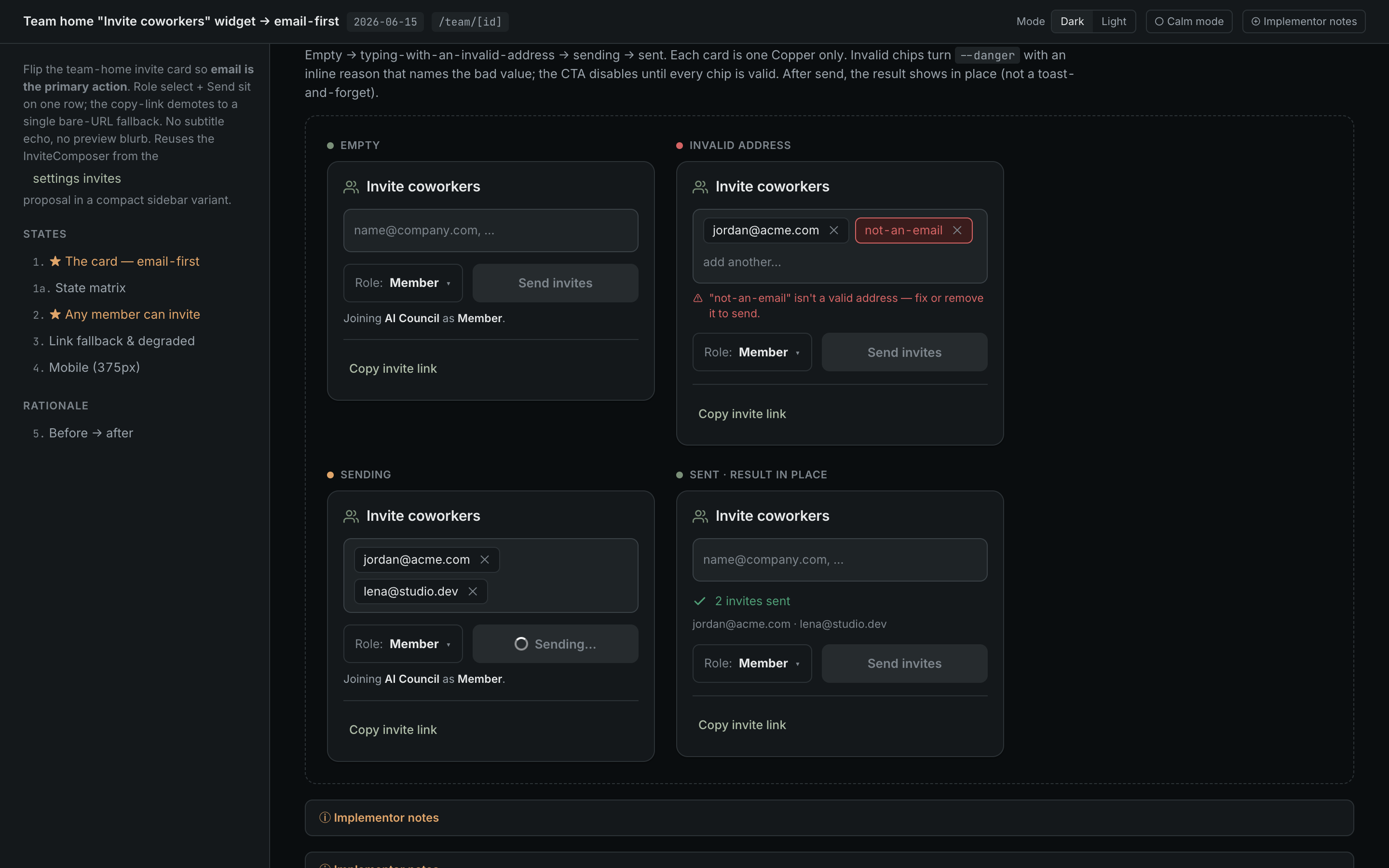 Team Invite coworkers widget — an email chip composer with a Copper Send invites button beside the role select, above a demoted Copy invite link fallback, across empty, invalid, sending, and plain-member states.
