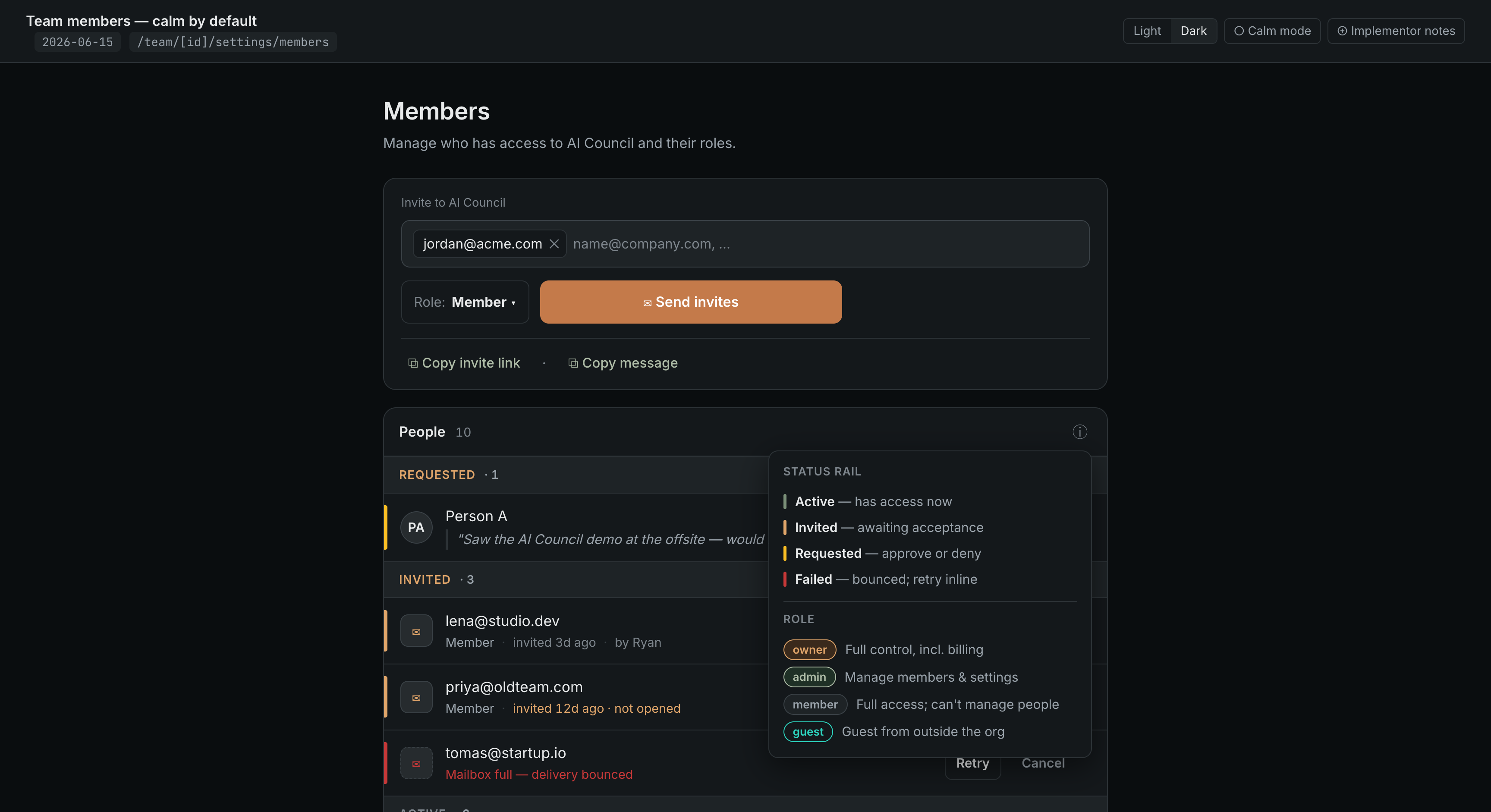 Team members page — email-first invite composer above a Requested/Invited/Active funnel roster with status rails, role badges, and a single ⓘ legend affordance.